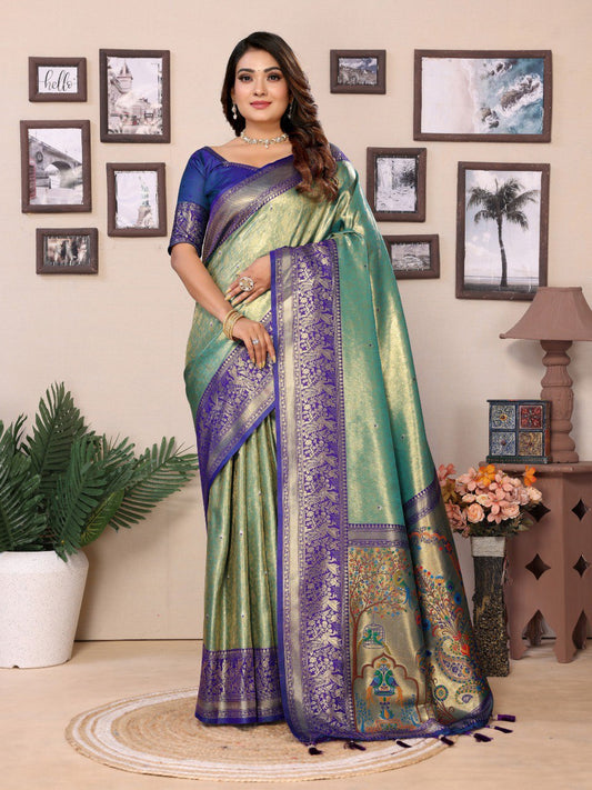 Sea Green Tissue Silk with Weaving Saree With Blouse