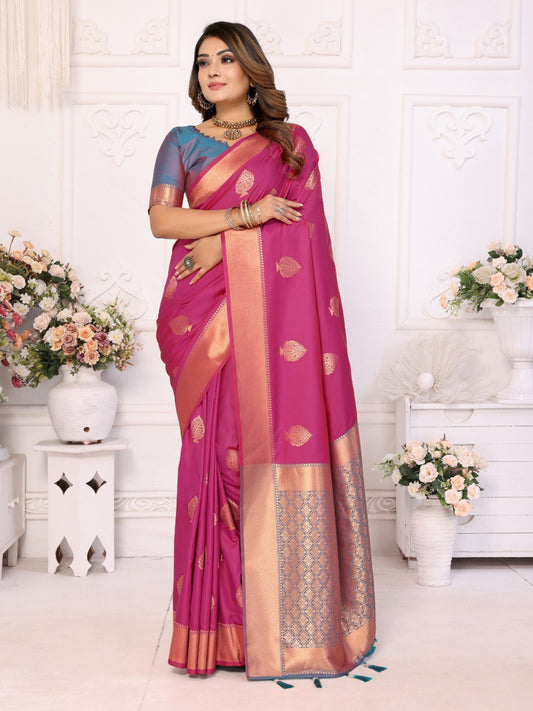 Rani Pink Silk Weaving Saree With Blouse