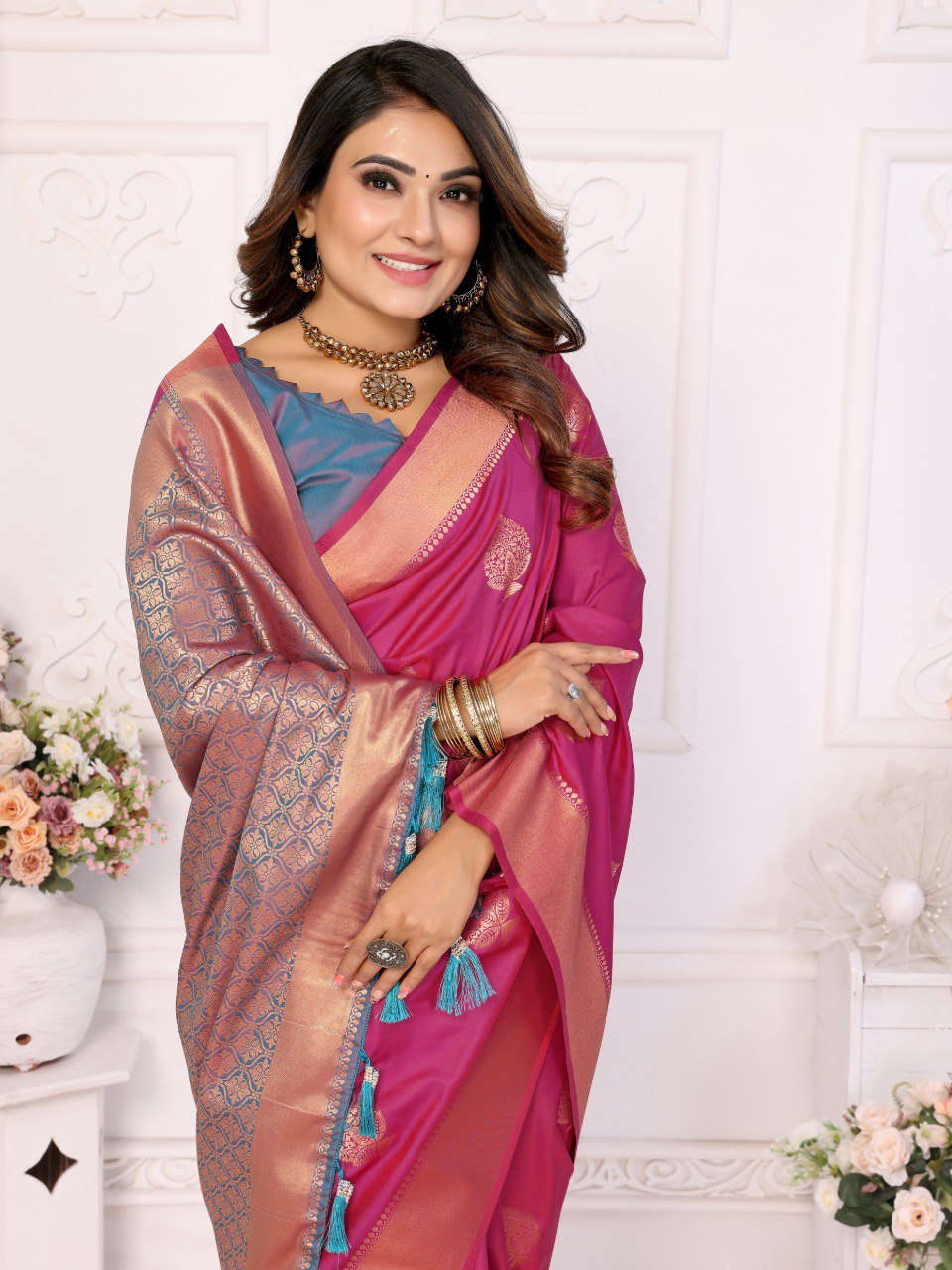Rani Pink Silk Weaving Saree With Blouse