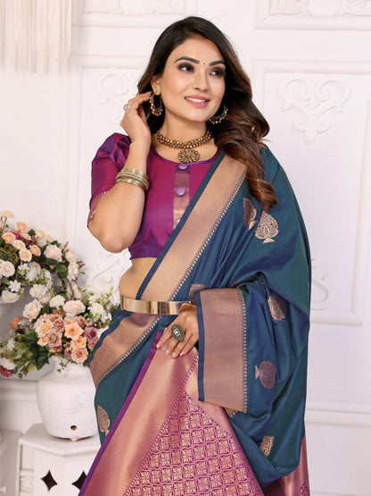 Navy Blue Silk Weaving Saree With Blouse