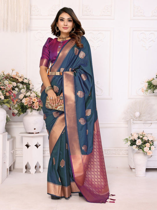 Navy Blue Silk Weaving Saree With Blouse