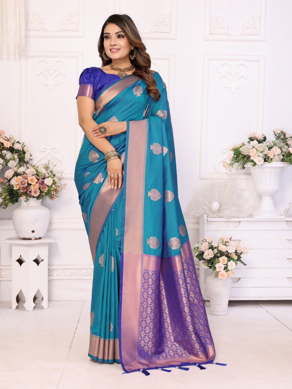 Dark Blue Weaving Saree With Blouse