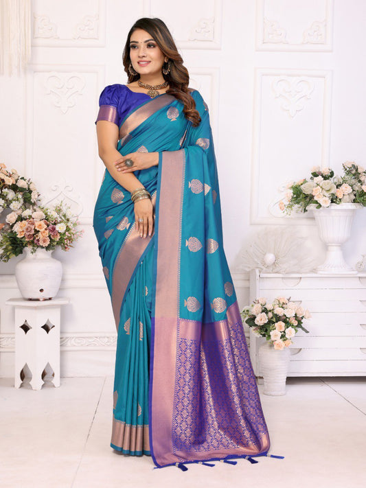 Dark Blue Weaving Saree With Blouse