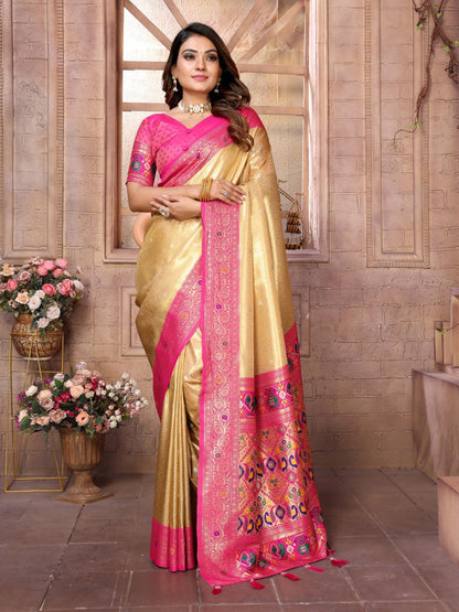 Light Golden Tissue Silk with Weaving Saree With Blouse
