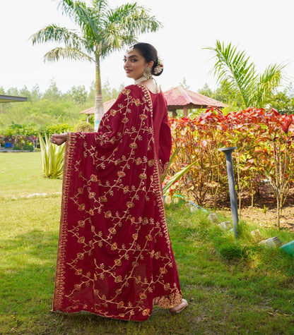 Women's Red Heavy Chinon Suit With Sequence Embroidered Work