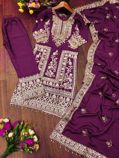 Gorgeous Heavy Chinon Suit With Sequence Embroidered Work