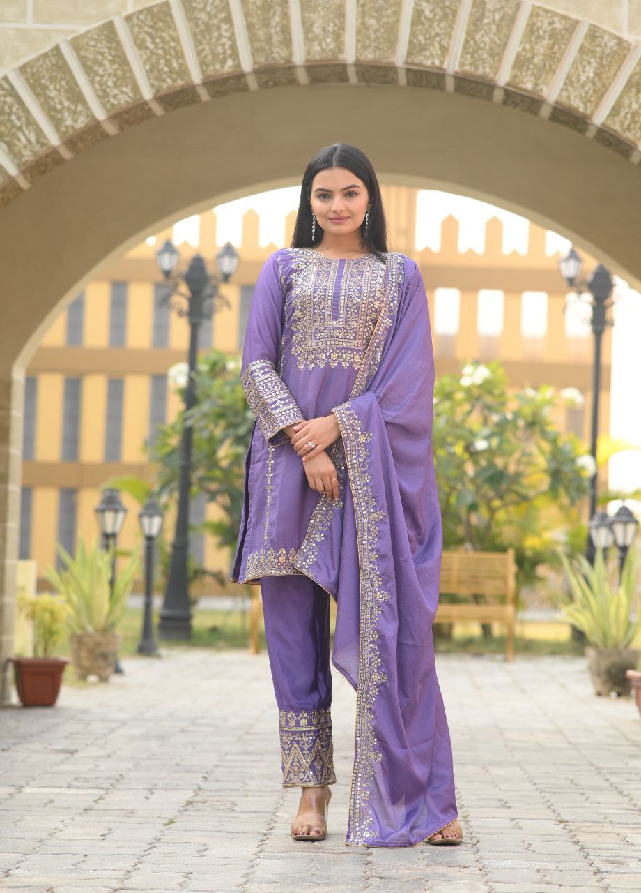 Beautiful Heavy Chinon Suit With Sequence Embroidered Work