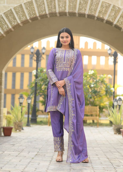Beautiful Heavy Chinon Suit With Sequence Embroidered Work