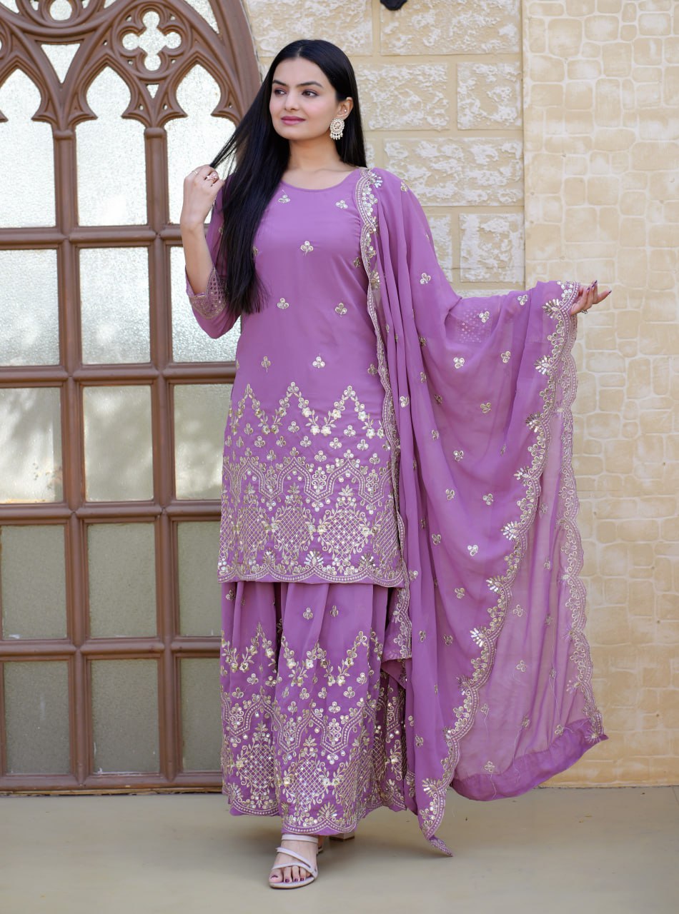 Onion Heavy Fox Georgette Suit With Sequence Embroidered Work