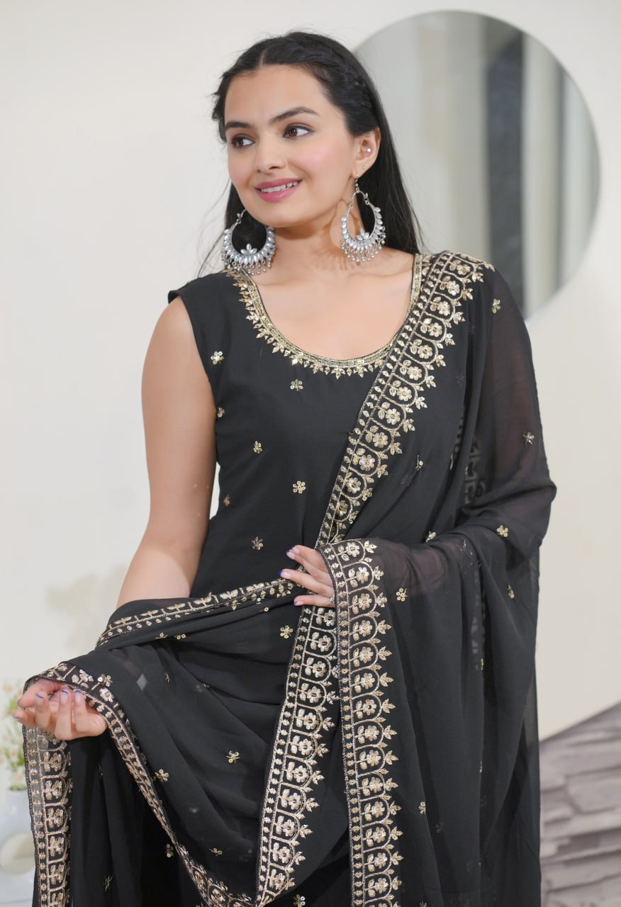 Heavy Fox Georgette Suit With Sequence Embroidered Work 28 Black