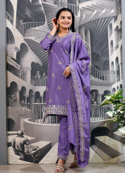 Heavy Chinon Suit With Sequence Embroidered Work 35 Lavender