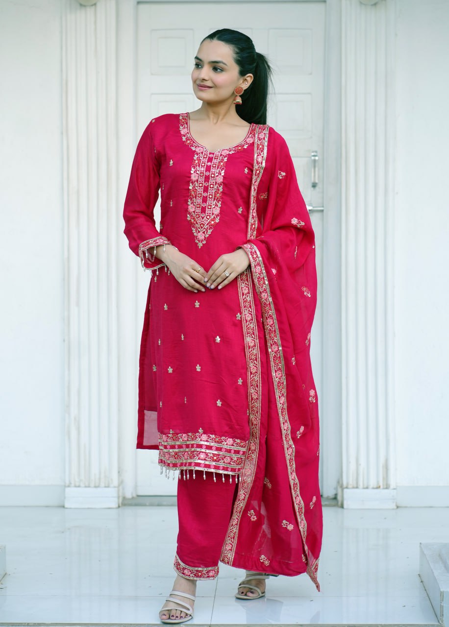 Heavy Blooming Vichitra Suit With Sequence Embroidered Work