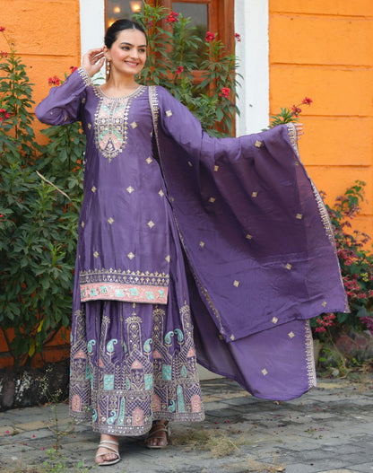 Heavy Chinon Suit With Sequence Embroidered Work 53 Purple