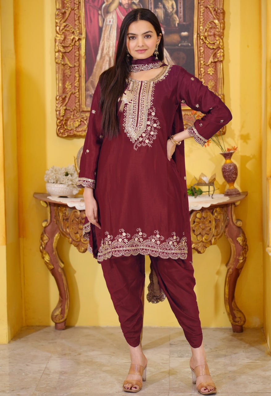 Maroon Heavy Chinon Suit With Sequence Embroidered Work