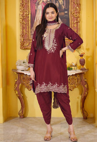 Maroon Heavy Chinon Suit With Sequence Embroidered Work
