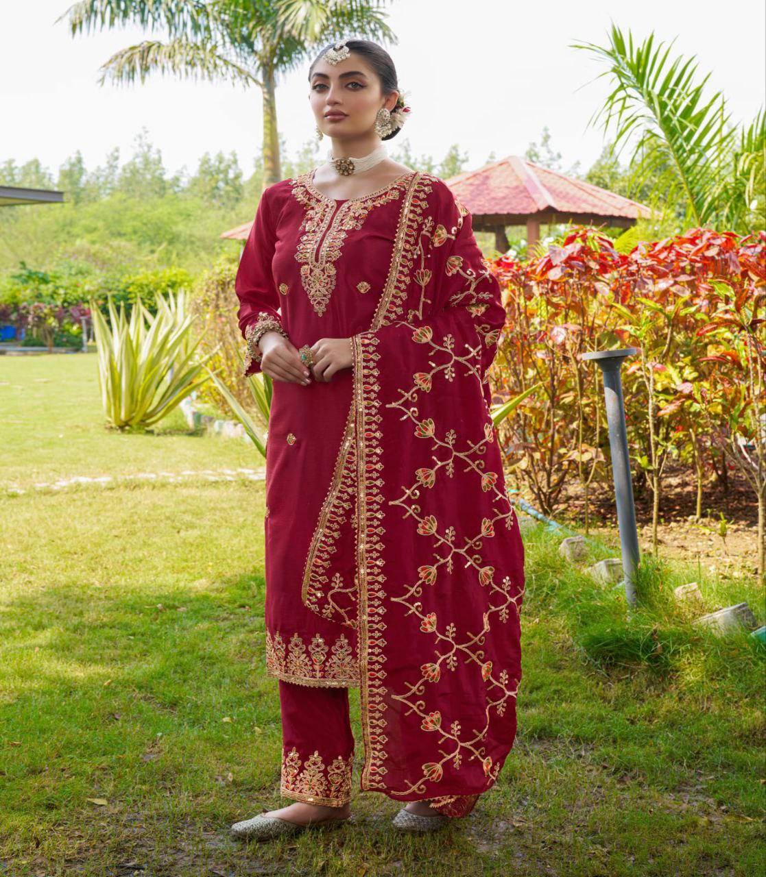Women's Red Heavy Chinon Suit With Sequence Embroidered Work