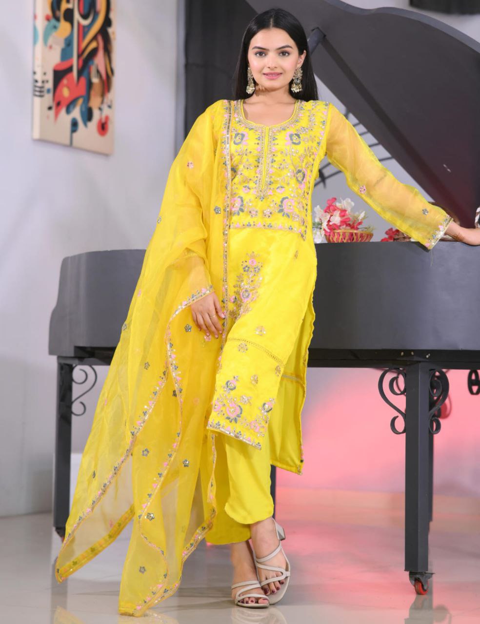 Beautiful Heavy Organza Suit With Sequence Embroidered Work
