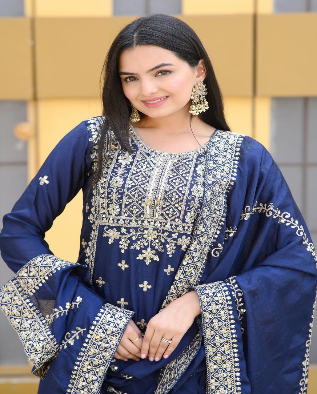 Blue Heavy Chinon Suit With Sequence Embroidered Work
