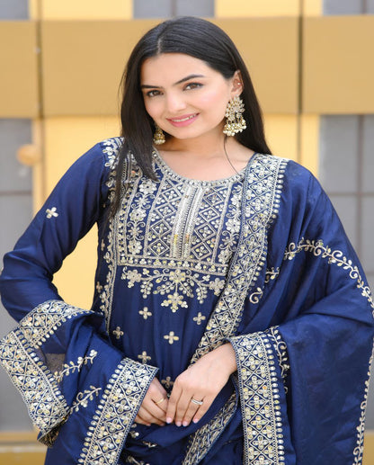 Blue Heavy Chinon Suit With Sequence Embroidered Work