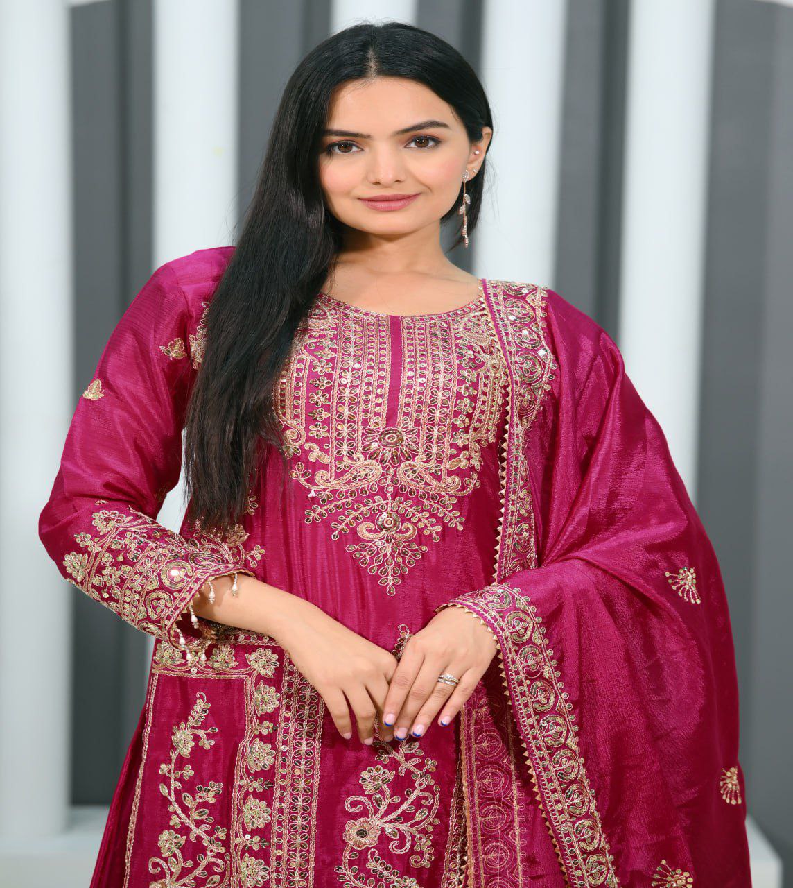 Gorgeous Heavy Chinon Suit With Sequence Embroidered Work
