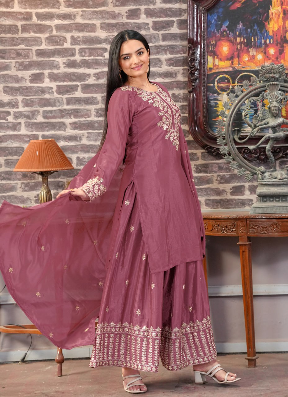 Heavy Chinon Suit With Sequence Embroidered Work 42 Onion