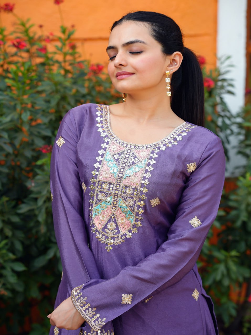 Heavy Chinon Suit With Sequence Embroidered Work 53 Purple