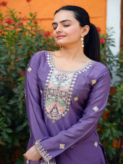 Heavy Chinon Suit With Sequence Embroidered Work 53 Purple