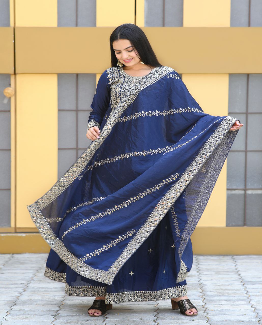 Blue Heavy Chinon Suit With Sequence Embroidered Work