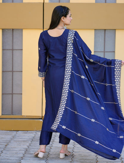 Heavy Chinon Suit With Sequence Embroidered Work 34 Blue
