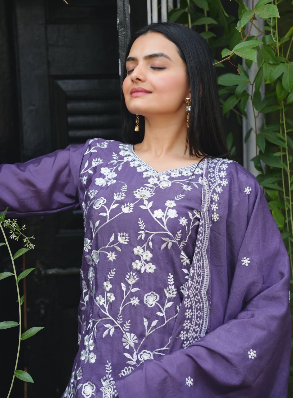 Beautiful Heavy Chinon Suit With Sequence Embroidered Work 44 Purple