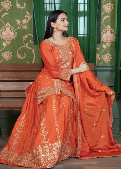 Heavy Chinon Suit With Sequence Embroidered Work 51 Orange