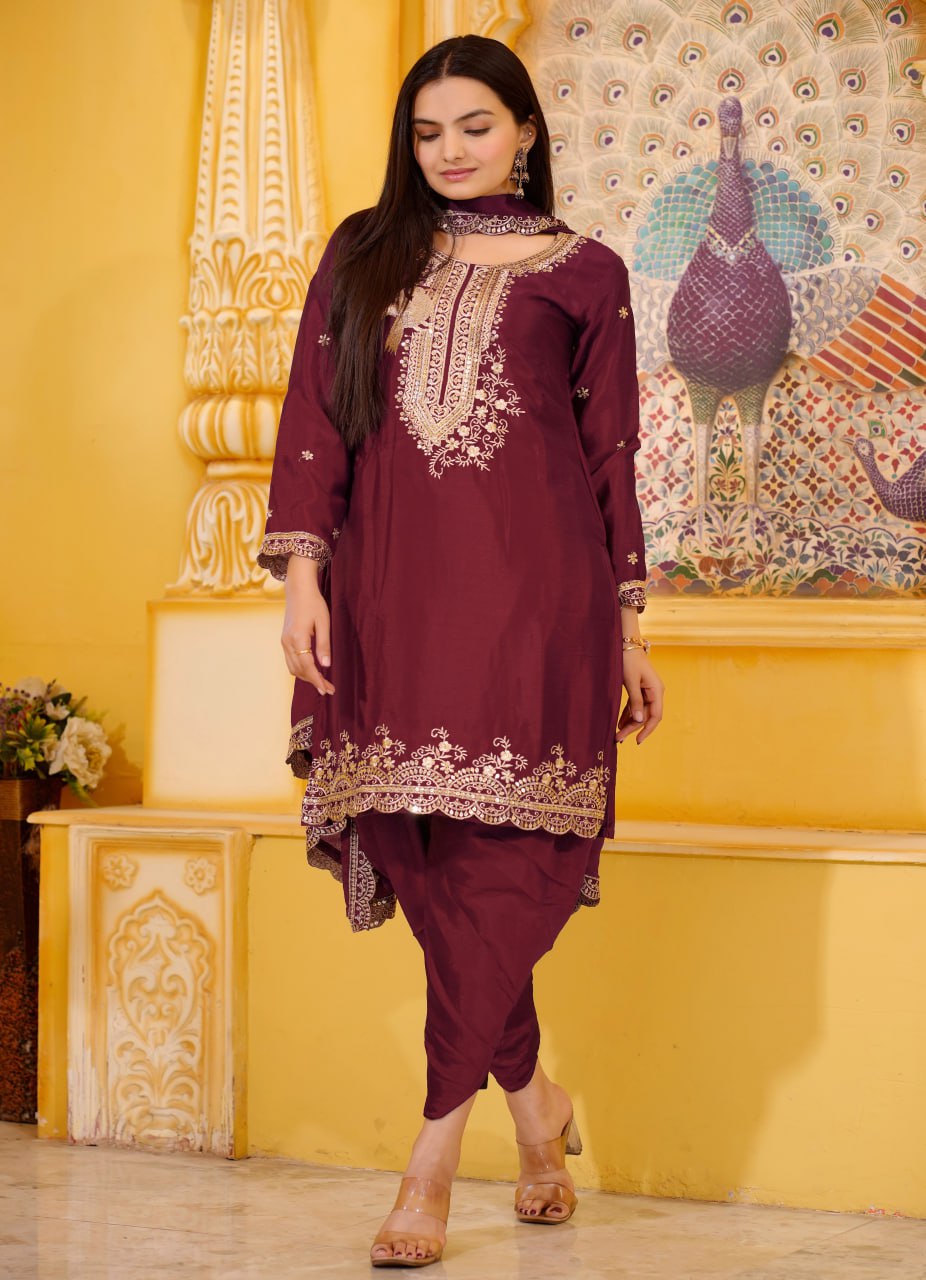 Maroon Heavy Chinon Suit With Sequence Embroidered Work