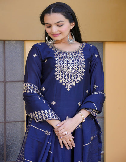 Heavy Chinon Suit With Sequence Embroidered Work 34 Blue