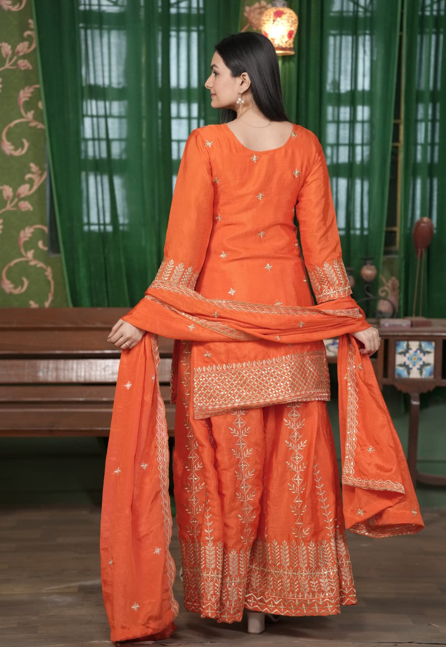 Heavy Chinon Suit With Sequence Embroidered Work 51 Orange