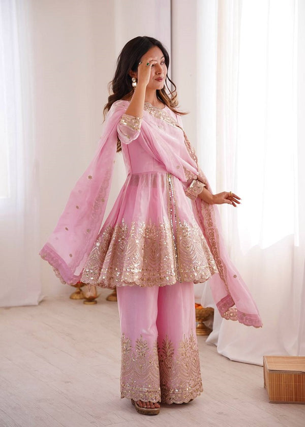 Pink Fendy Satin With Embroidered Real Mirror Work Plazzo Set