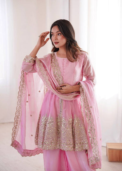 Pink Fendy Satin With Embroidered Real Mirror Work Plazzo Set