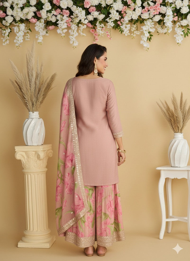 Women's Pink Chinon Silk Zari Embroidered Sequins Sharara Suit