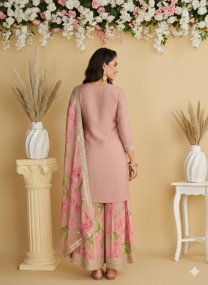 Women's Pink Chinon Silk Zari Embroidered Sequins Sharara Suit