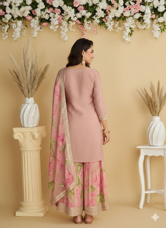 Women's Pink Chinon Silk Zari Embroidered Sequins Sharara Suit