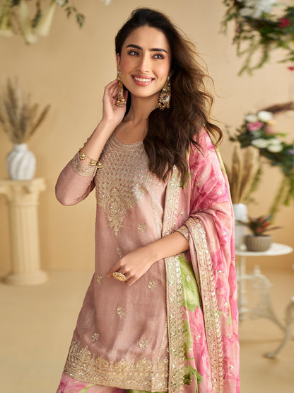 Women's Pink Chinon Silk Zari Embroidered Sequins Sharara Suit
