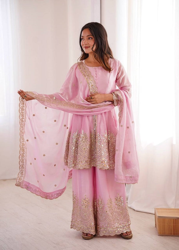 Pink Fendy Satin With Embroidered Real Mirror Work Plazzo Set