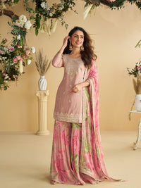 Women's Pink Chinon Silk Zari Embroidered Sequins Sharara Suit