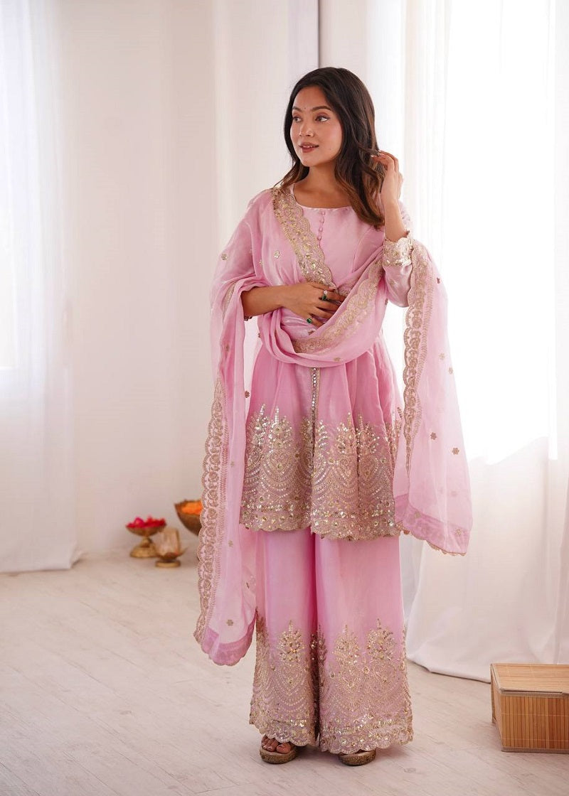 Pink Fendy Satin With Embroidered Real Mirror Work Plazzo Set
