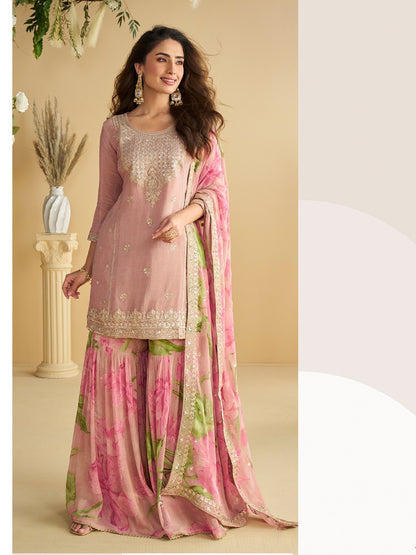 Women's Pink Chinon Silk Zari Embroidered Sequins Sharara Suit