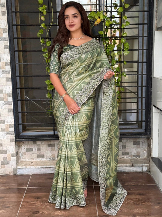 Pista Kashmiri Style Digital Printed Saree With Unstitched Blouse