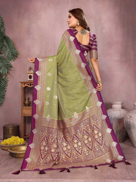 Pista Pure Handloom Kalamkari Silk With Zari Woven Design Saree With Blouse