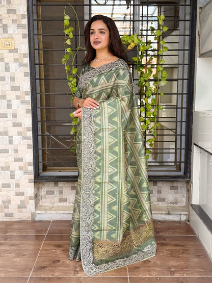 Pista Kashmiri Style Digital Printed Saree With Unstitched Blouse