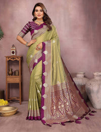 Pista Pure Handloom Kalamkari Silk With Zari Woven Design Saree With Blouse