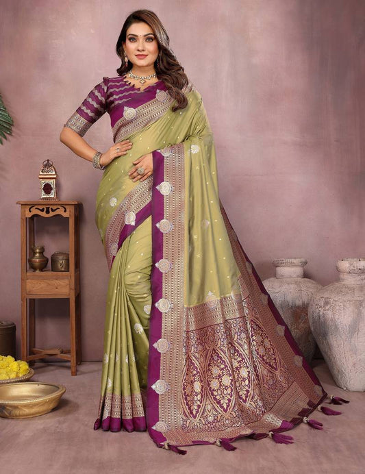 Pista Pure Handloom Kalamkari Silk With Zari Woven Design Saree With Blouse