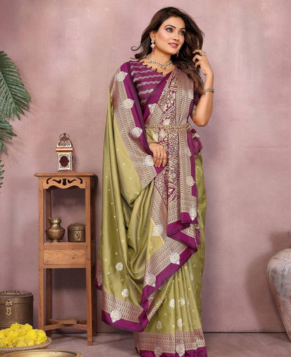 Pista Pure Handloom Kalamkari Silk With Zari Woven Design Saree With Blouse
